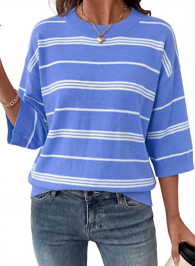 Dokotoo Oversized 3/4 Sleeve Striped Pullover